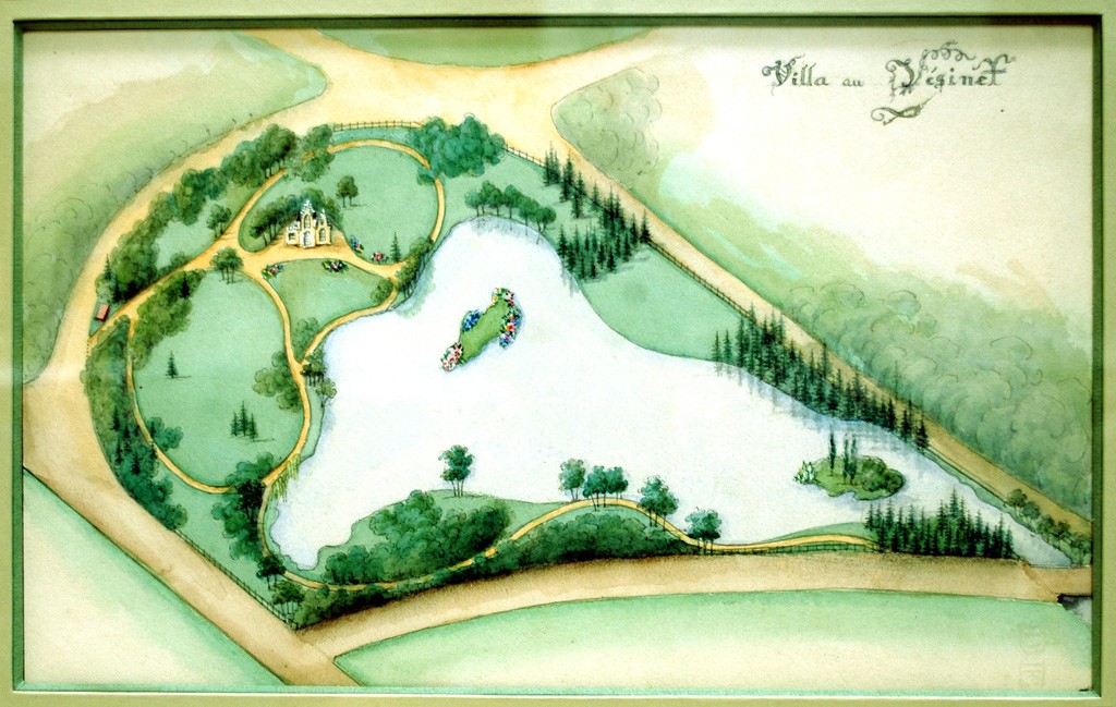 Dessin du comte de Choulot représentant un lac imaginaire “au Vésinet”